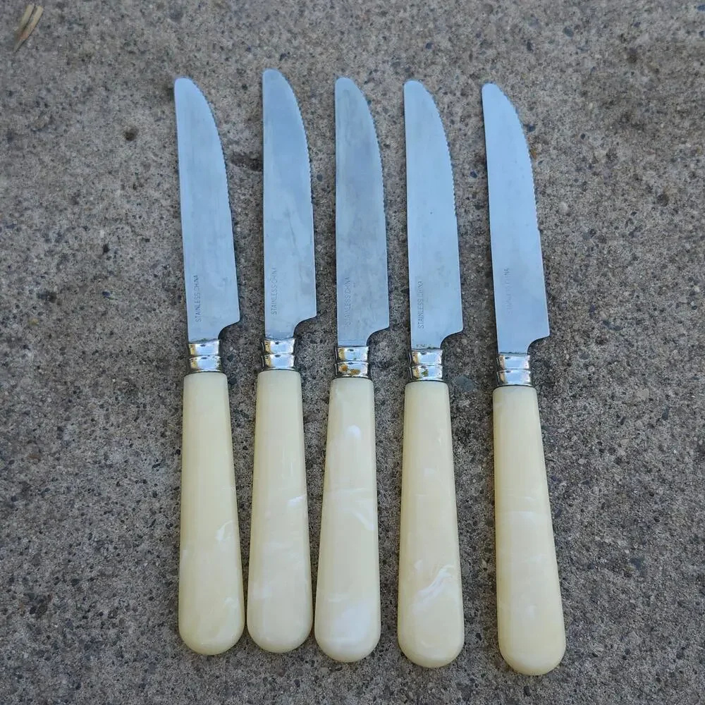 5 Pc Faux Mother Of Pearl Handle Dinner Steak Knives Stainless China Cream Lot